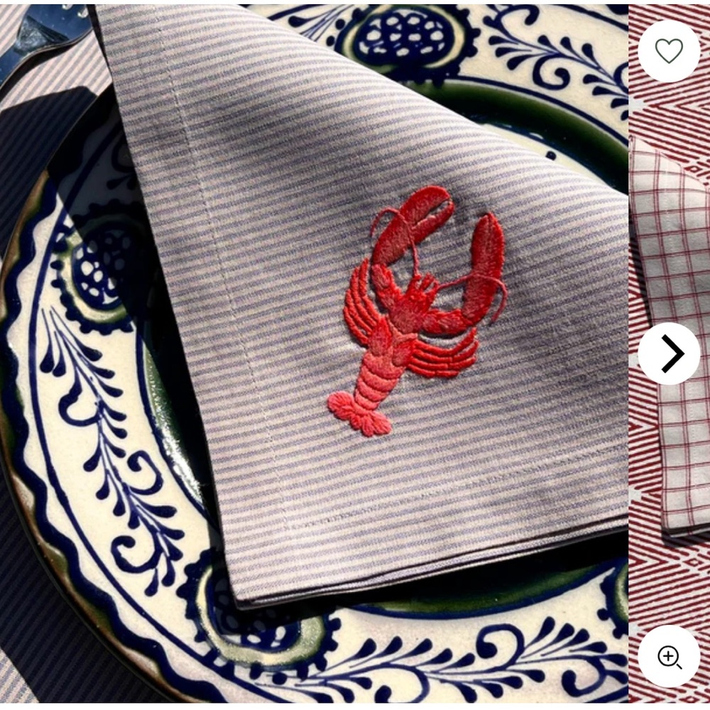 SET OF 4 hand embroidered handmade LOBSTER napkins on stripes cotton 🦞